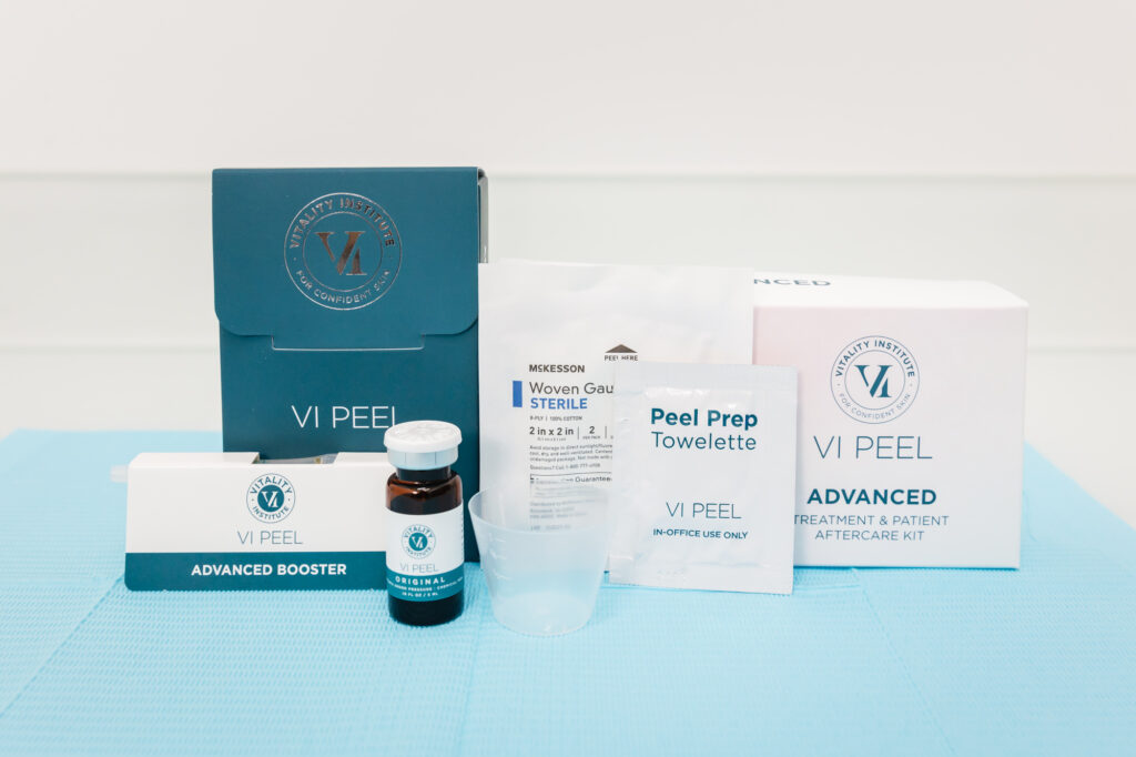 Products used for VI Peel after a BBL facial in Georgetown sit out on a counter.